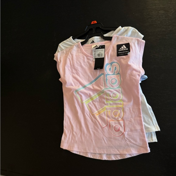 Adidas 3 Piece Kids Set Light Pink Tee, White Tee and Shorts - Picture 1 of 10